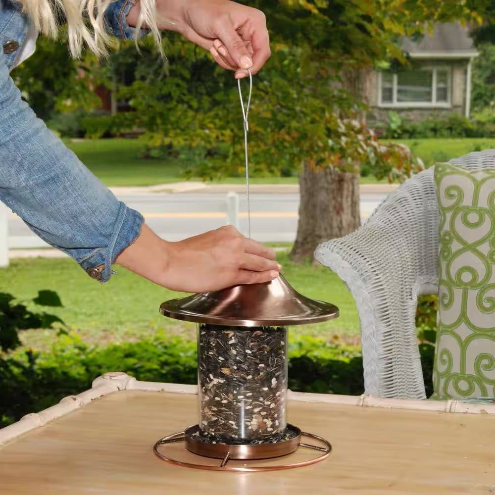 Panorama bird feeder being hung, showing copper roof and clear seed tube on a base