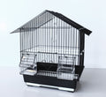 Black small bird wire cage with roof, dual front doors, and clear food/water trays