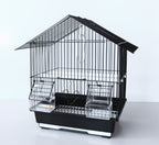 Black small bird wire cage with roof, dual front doors, and clear food/water trays
