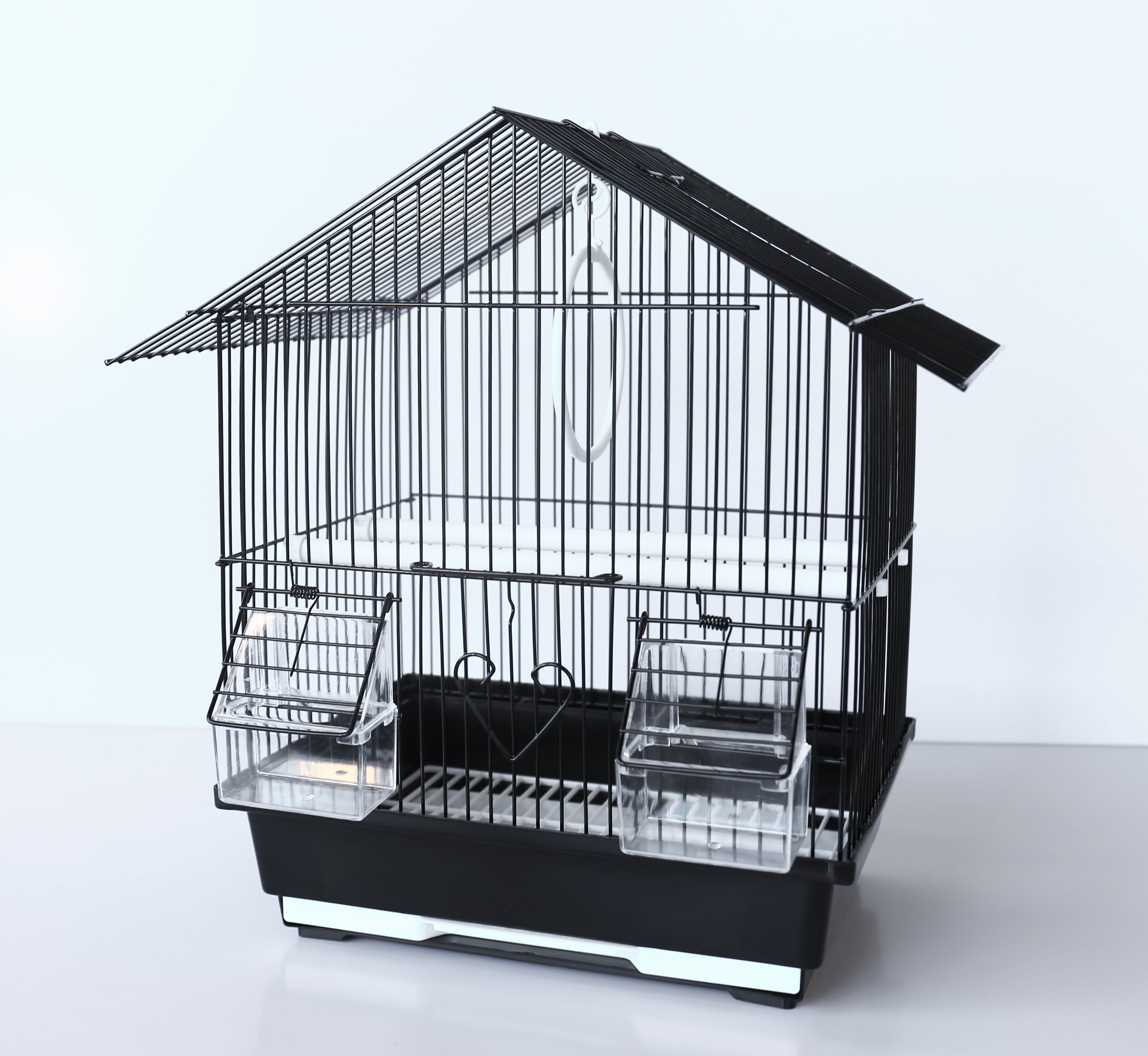 Black small bird wire cage with roof, dual front doors, and clear food/water trays
