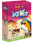 Karmeo premium parrot food box with resealable bag graphic, colorful parrot artwork
