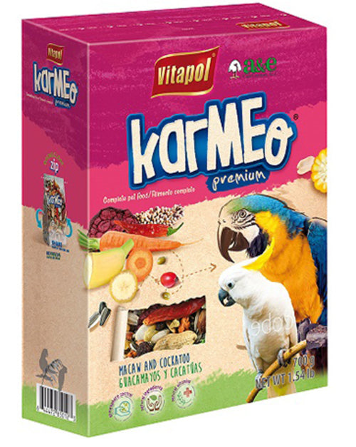 Karmeo premium parrot food box with resealable bag graphic, colorful parrot artwork