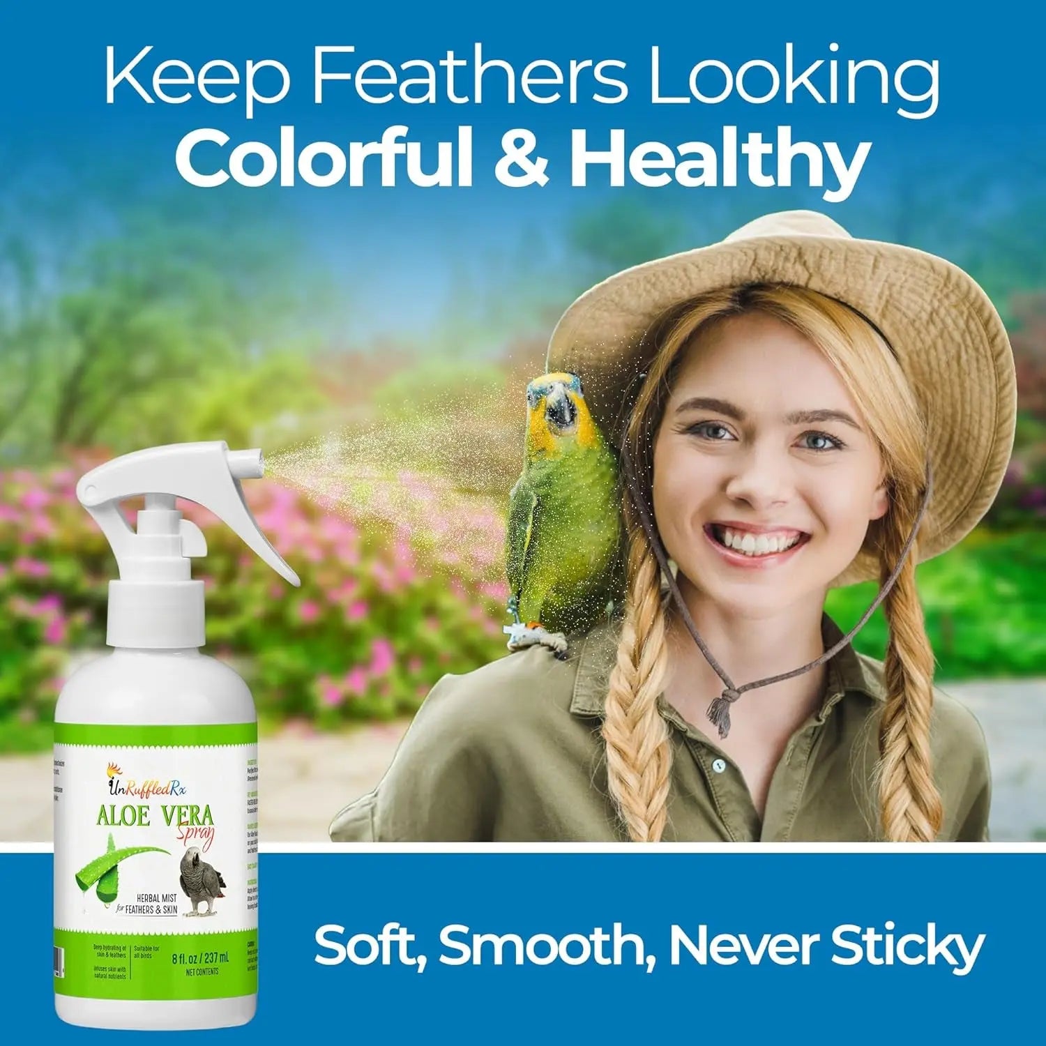 Aloe vera bird spray bottle with white mist trigger, shown beside a bird caretaker