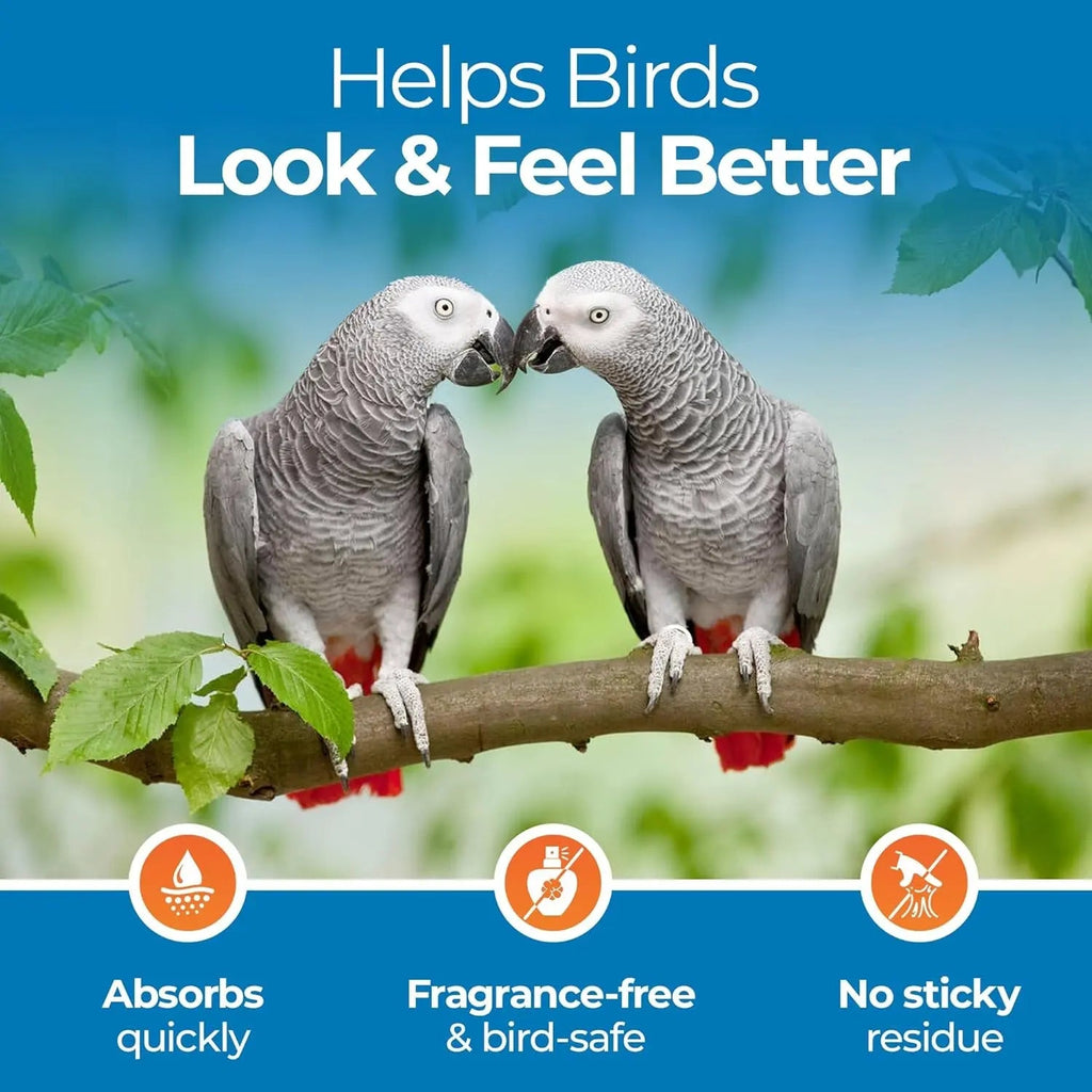 Two gray parrots on a perch with care icons for fragrance-free no-sticky residue