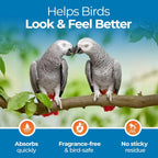 Two gray parrots on a perch with care icons for fragrance-free no-sticky residue