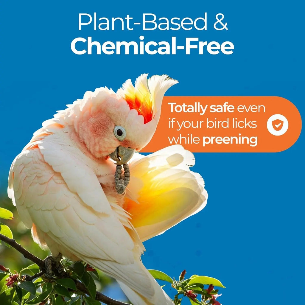 Cockatiel on a branch with plant-based chemical-free bird-safe care callout