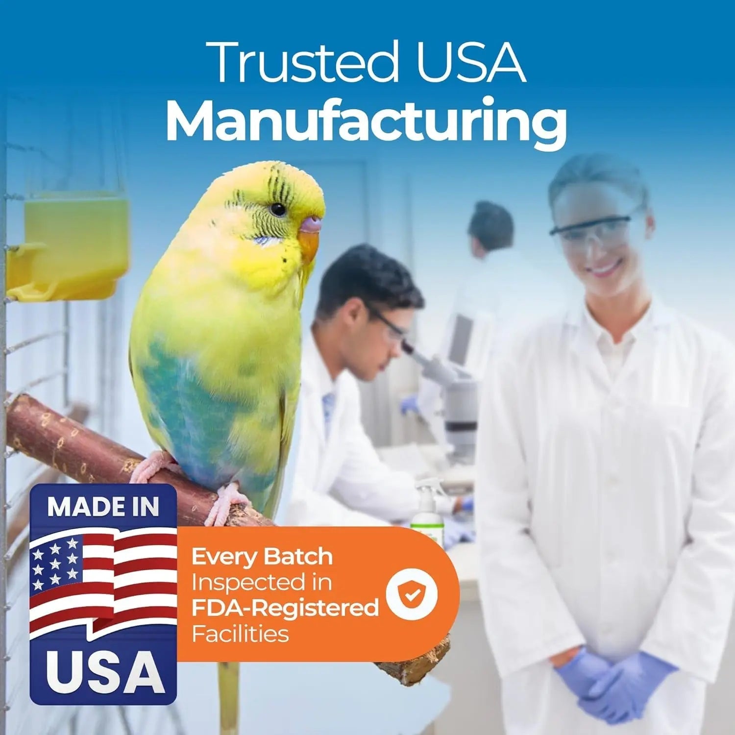 USA manufacturing graphic for bird care spray with made-in and inspection badges