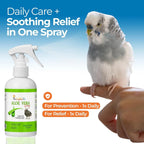 Aloe vera bird spray bottle beside a hand-held pet bird with daily care callout
