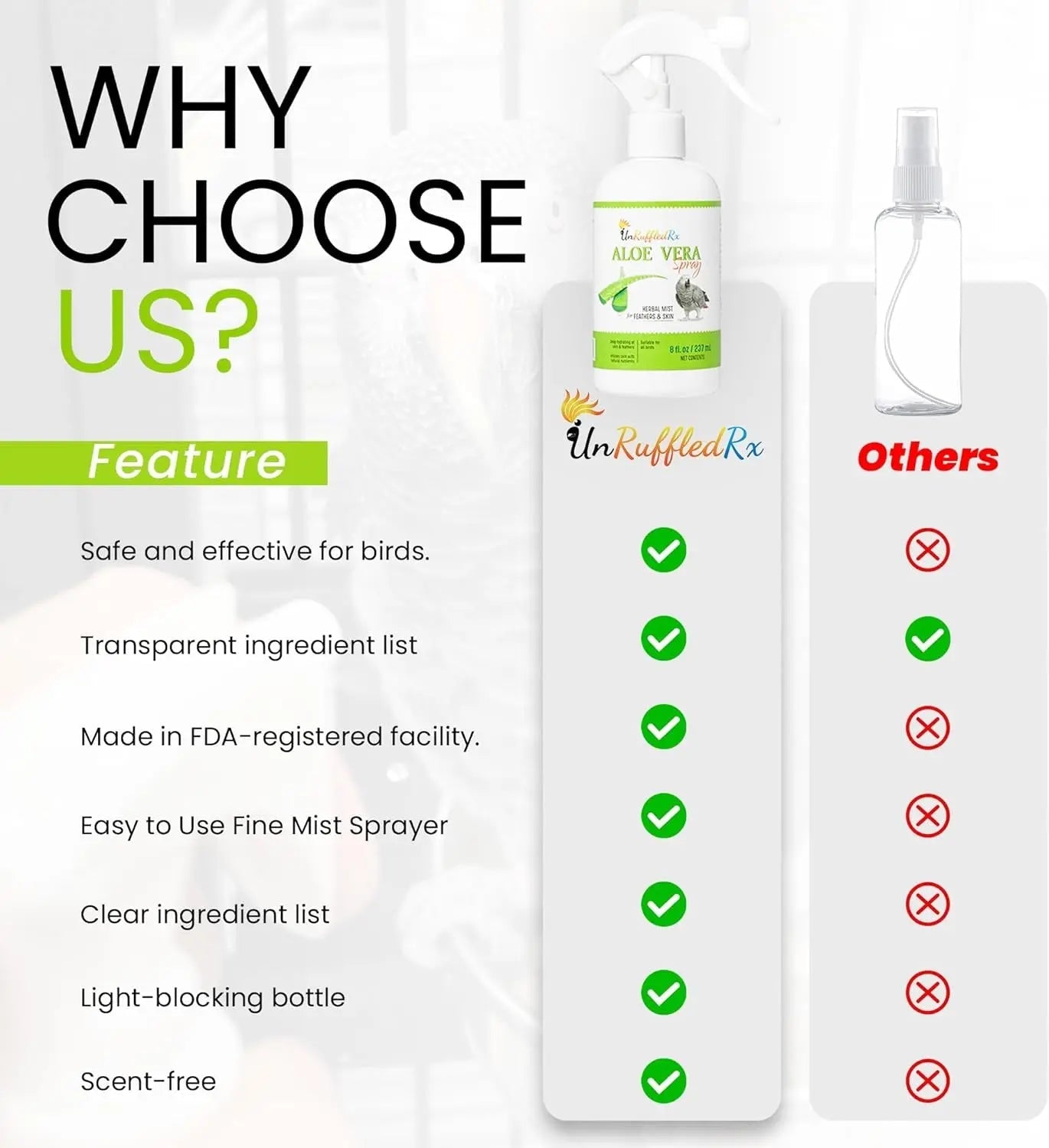 Aloe vera mist spray bottle with feature checklist on a product comparison panel