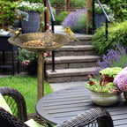 Outdoor pedestal bird bath feeder with wide bowl and gold finch-style bird ornaments