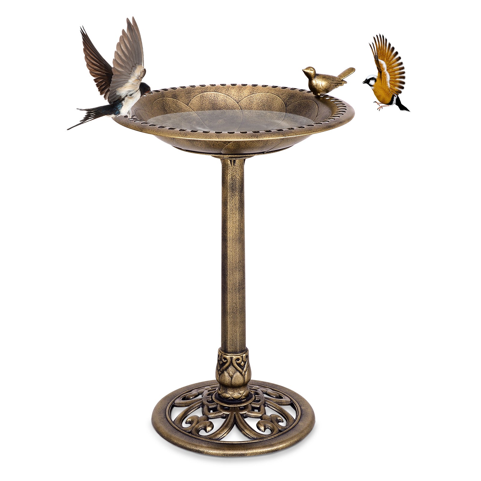 Antique-gold pedestal bird bath feeder with scalloped bowl and two bird ornaments
