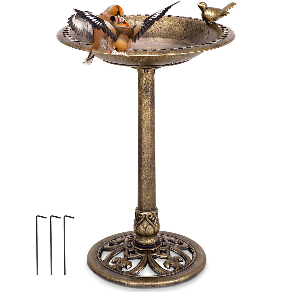 Gold pedestal bird bath feeder with wide bowl and bird figures in raised positions