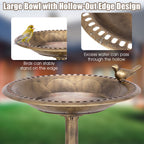 Outdoor bird bath feeder showing hollow-out bowl edge with drainage holes
