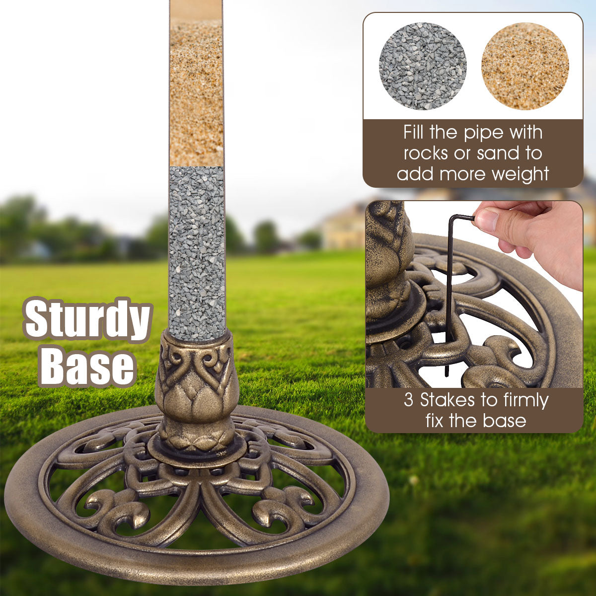 Decorative antique-gold pedestal base with three stakes for firm outdoor stability
