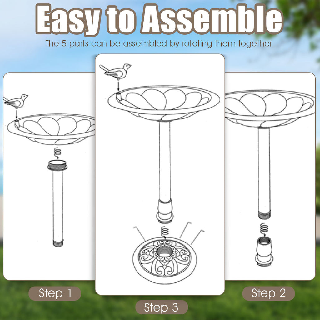 Assembly diagram for pedestal bird bath feeder with rotating parts and numbered steps