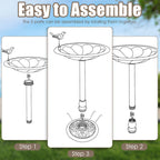 Assembly diagram for pedestal bird bath feeder with rotating parts and numbered steps