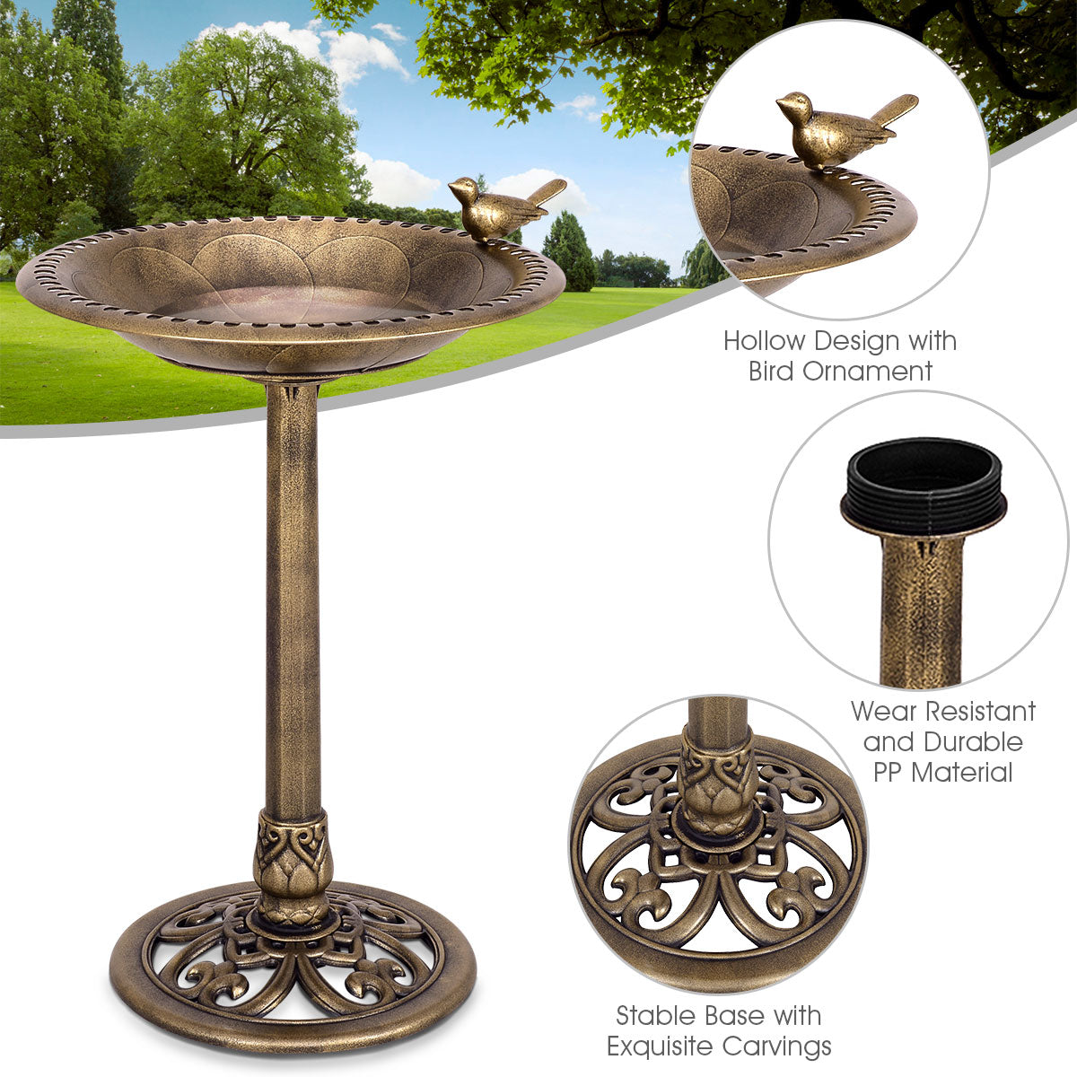 Bronze-gold bird bath feeder with hollow tray edge and staked round base