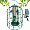 Green caged tube bird feeder with four feeding ports and dome top