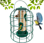 Green caged tube bird feeder with four feeding ports and dome top