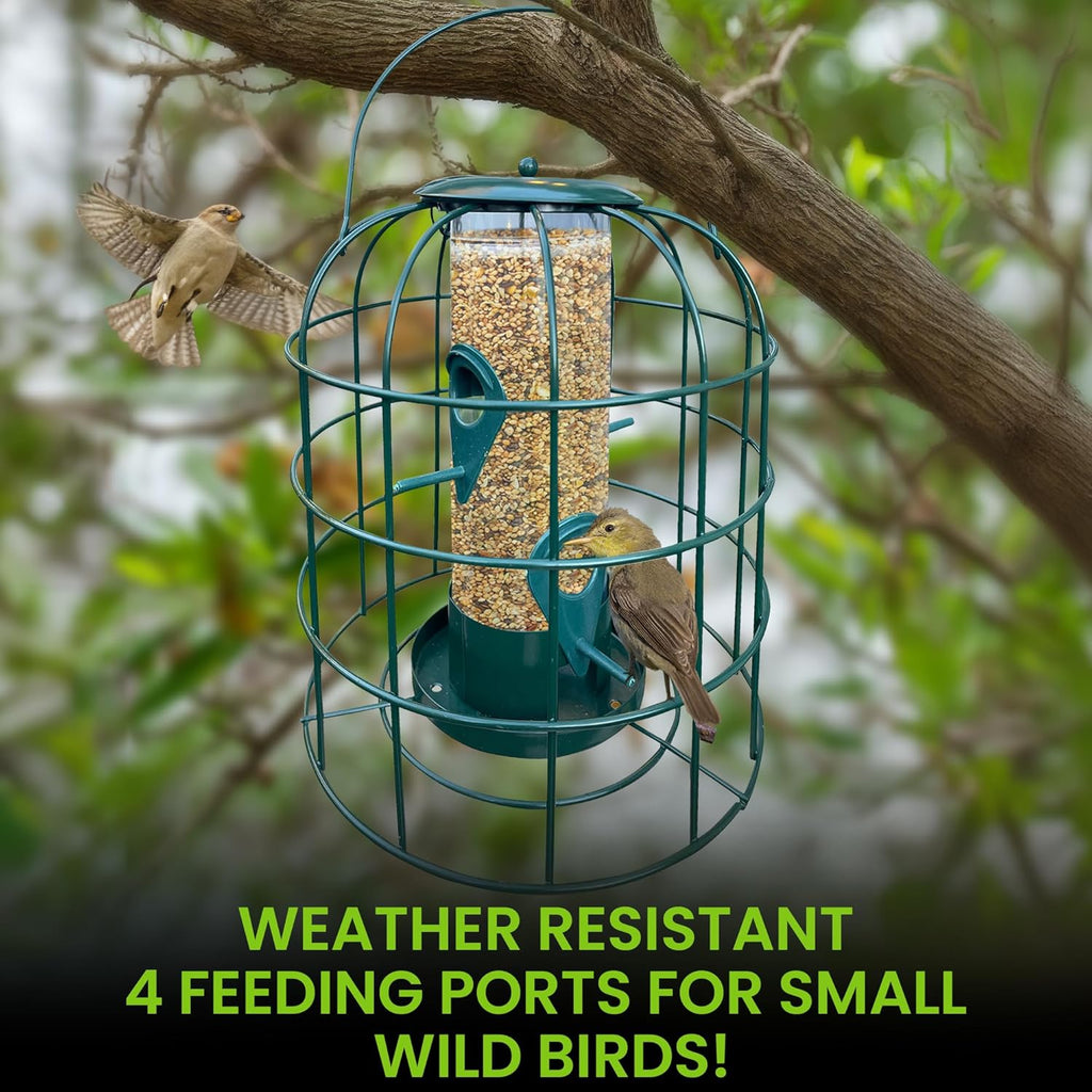 Green caged tube bird feeder with seed filling ports and metal safety cage
