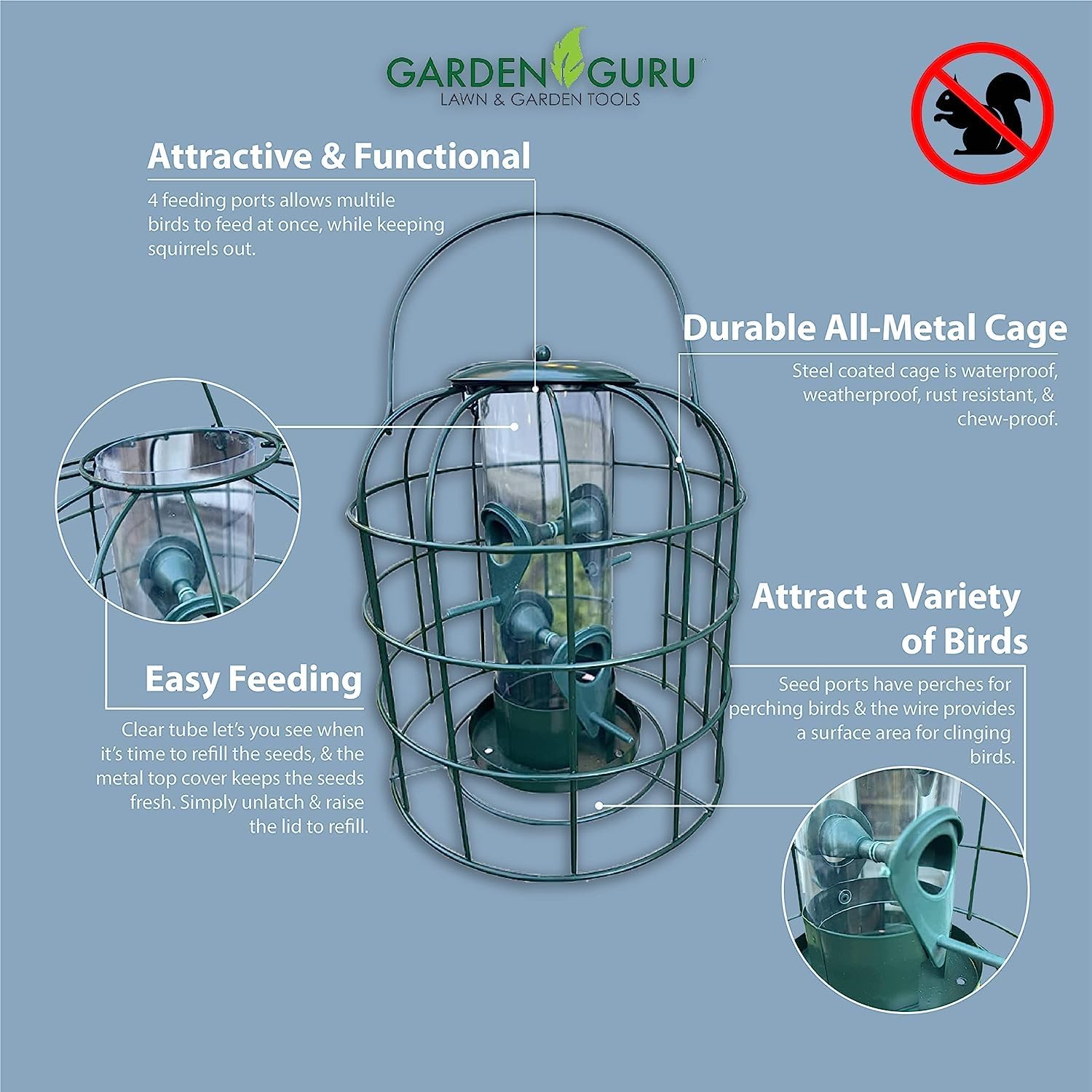 Green durable all-metal caged tube bird feeder with multiple feeding ports