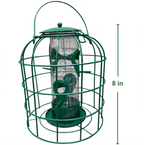 Green caged tube bird feeder with dome top and metal cage, 8 in tall