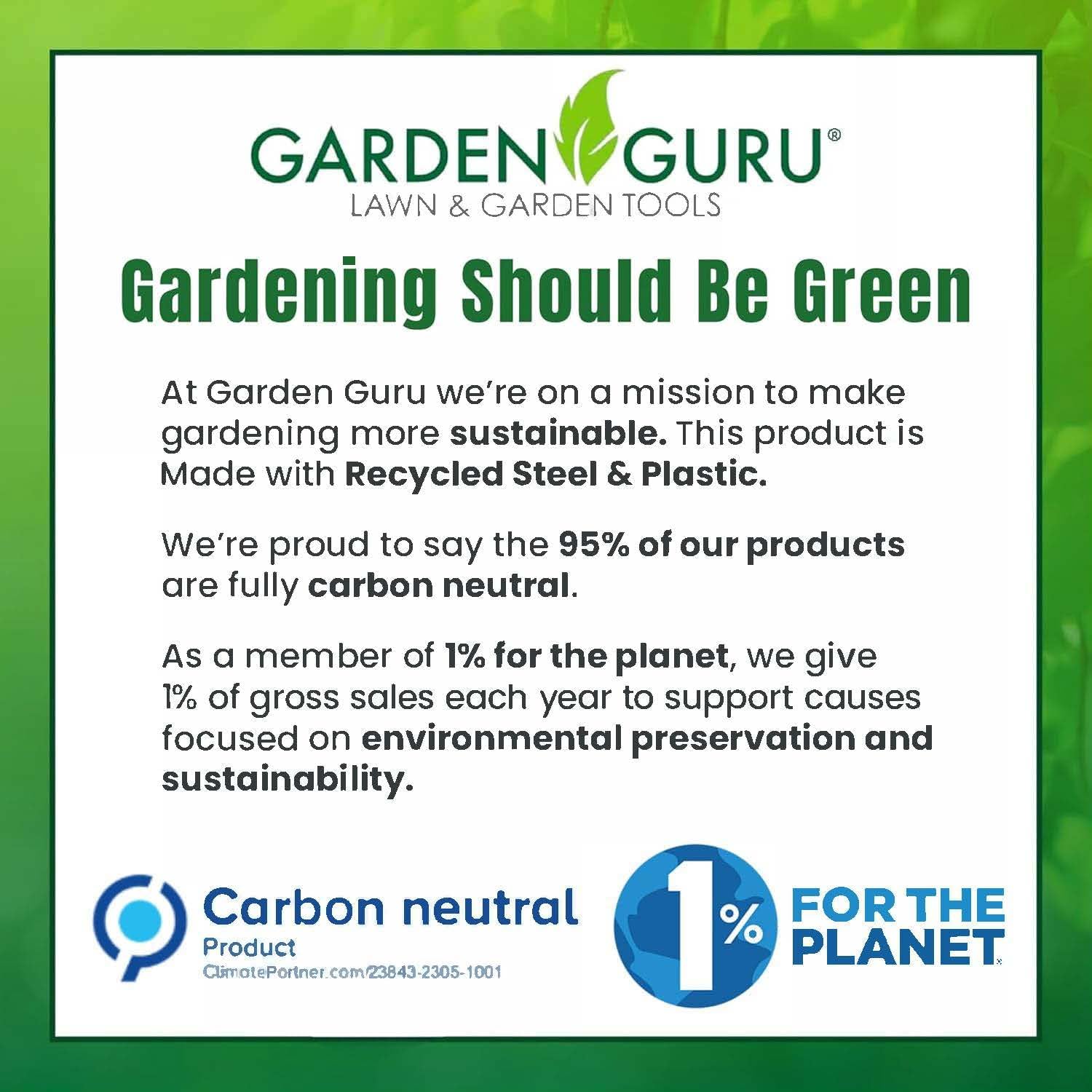 Garden Guru sustainability information card about recycled steel and plastic
