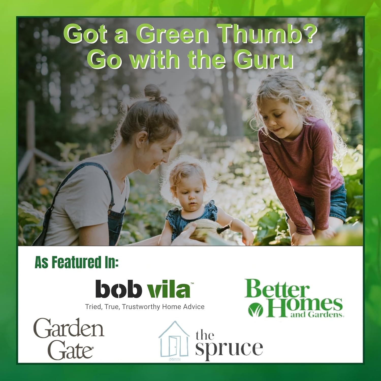 Garden Guru gardening promotion banner with family in outdoor yard