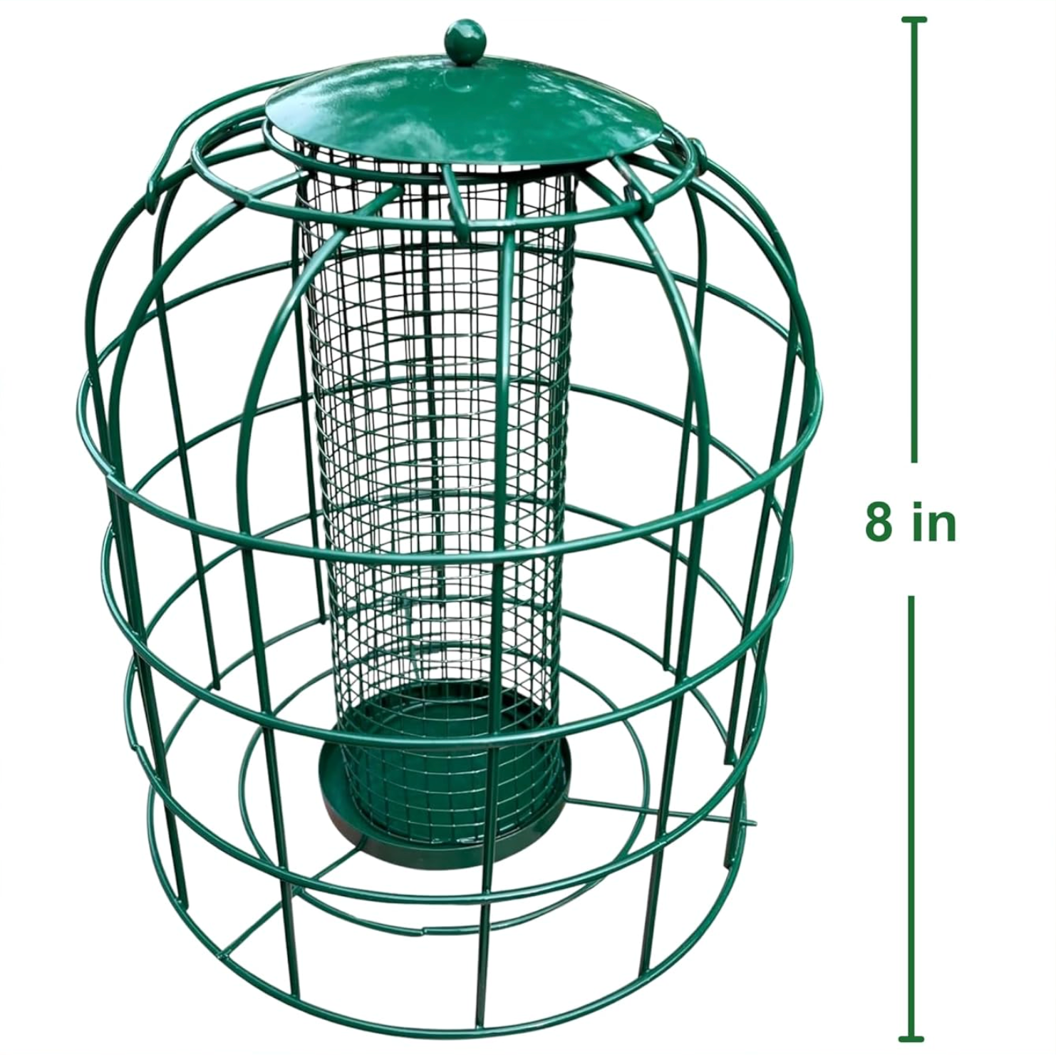 Green wire cage mesh bird feeder with green cap base, 8 in height