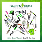 Garden Guru marketing card showing assorted green-and-black gardening tools
