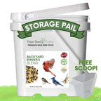 Backyard bird seed blend storage pail, white bucket with label and measuring scoop offer banner