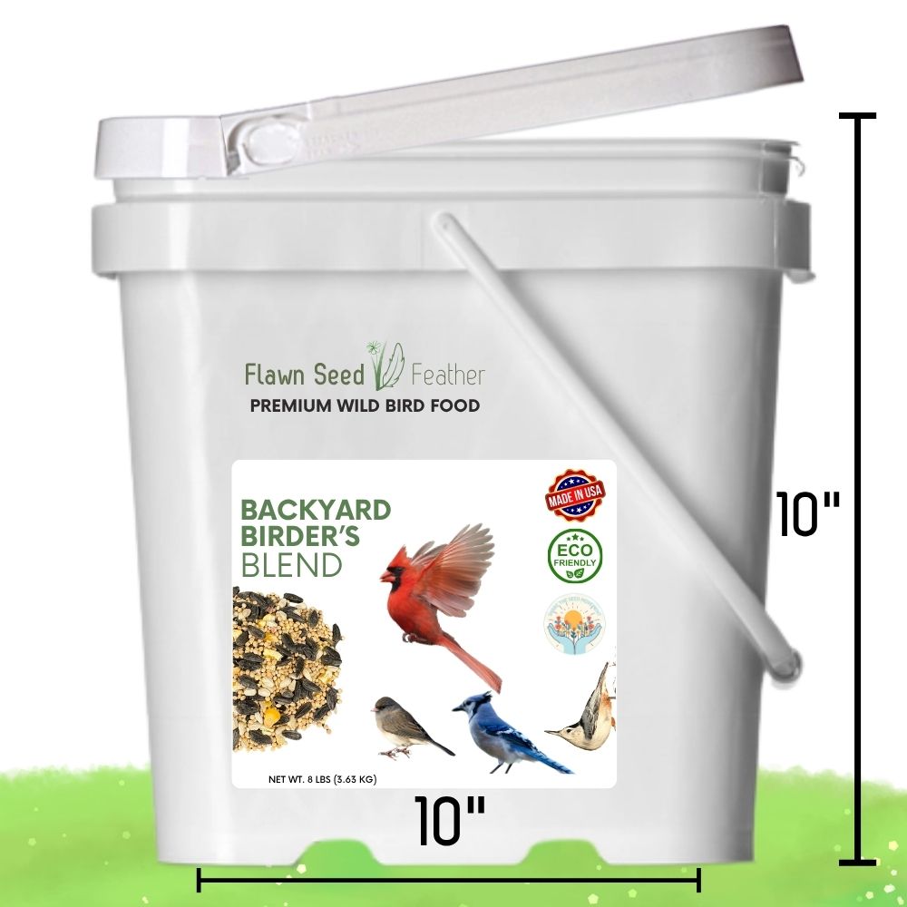 White backyard bird seed blend bucket with carry handle and front label