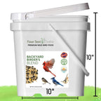 White backyard bird seed blend bucket with carry handle and front label