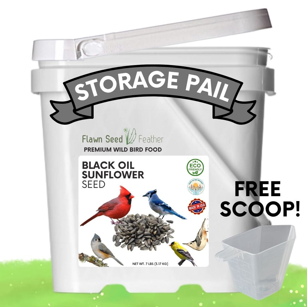 White storage pail with bird food label and included plastic scoop