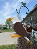 Brown and cream wooden hanging wild bird feeder with mesh basket and bird figure