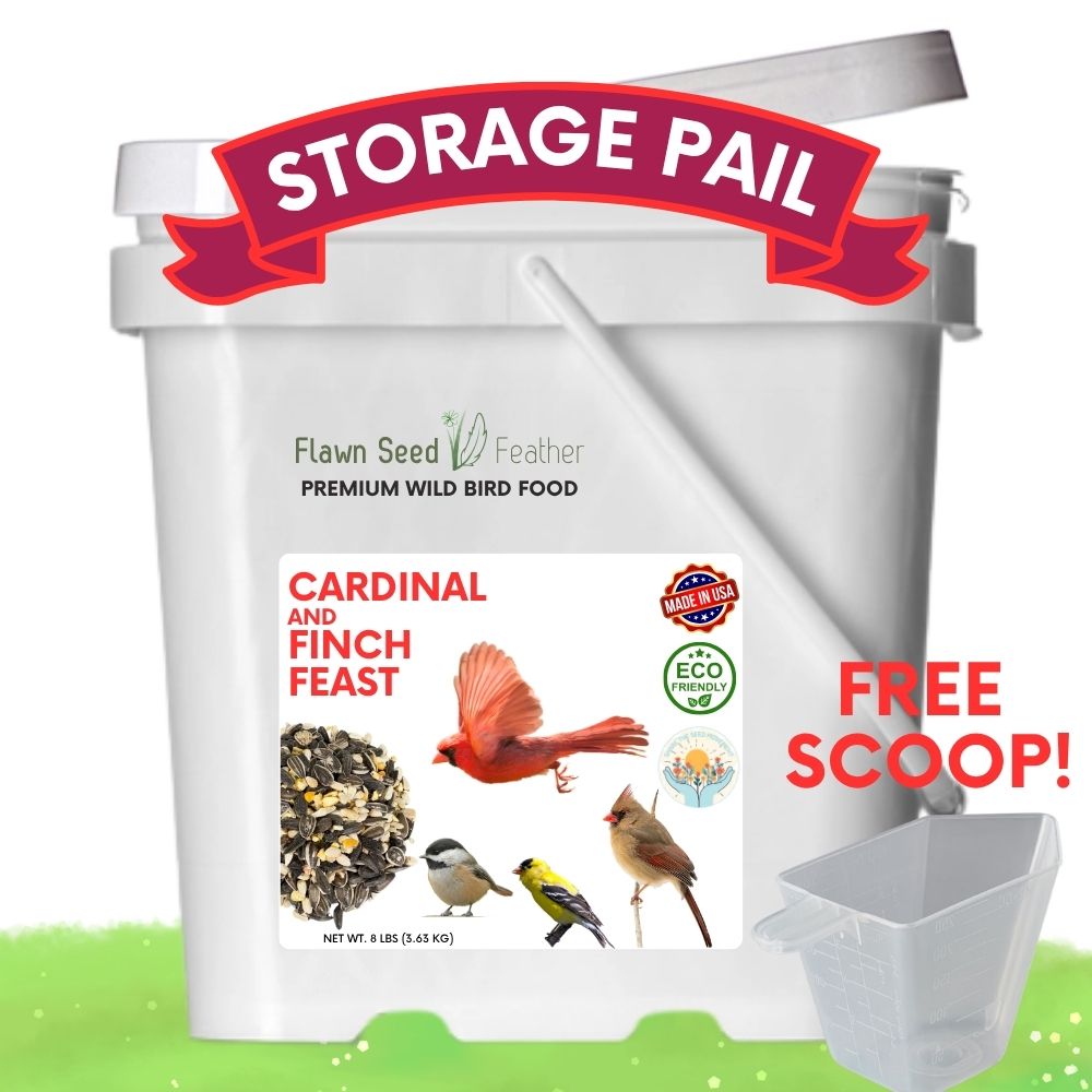 White storage pail for wild bird food, cardinal and finch feast label with eco seal
