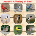 Bird seed label with photos of songbirds, including cardinals, jays, and finches