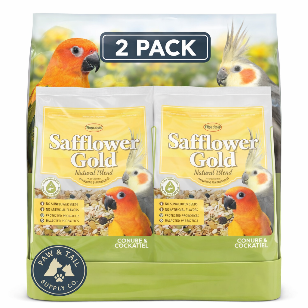 Two-pack safflower blend bird food pouches with conure & cockatiel branding