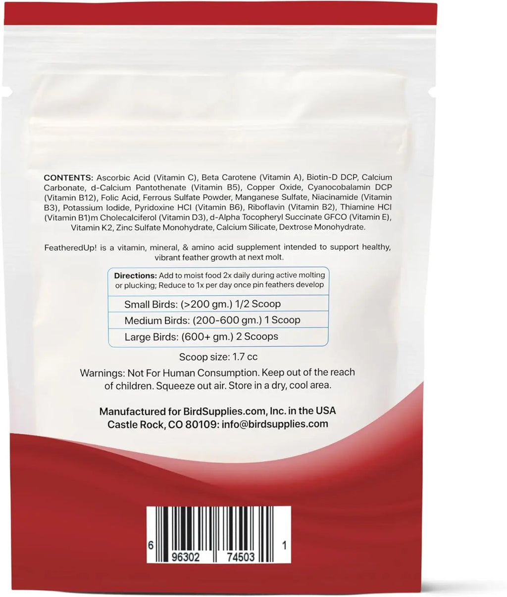 Bird vitamins supplement pouch back with ingredients and feeding directions