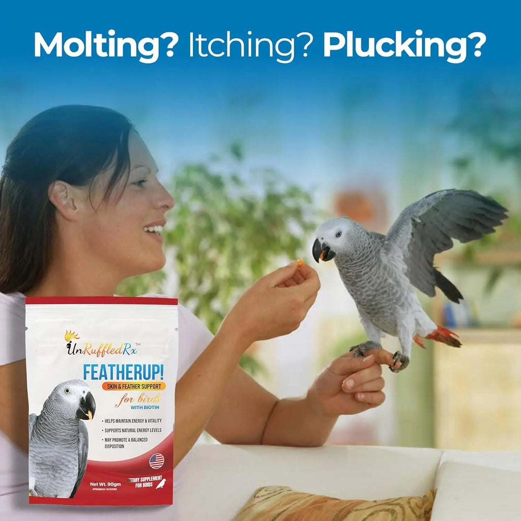 Bird vitamins supplement pouch beside a person holding a gray parrot