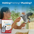 Bird vitamins supplement pouch beside a person holding a gray parrot