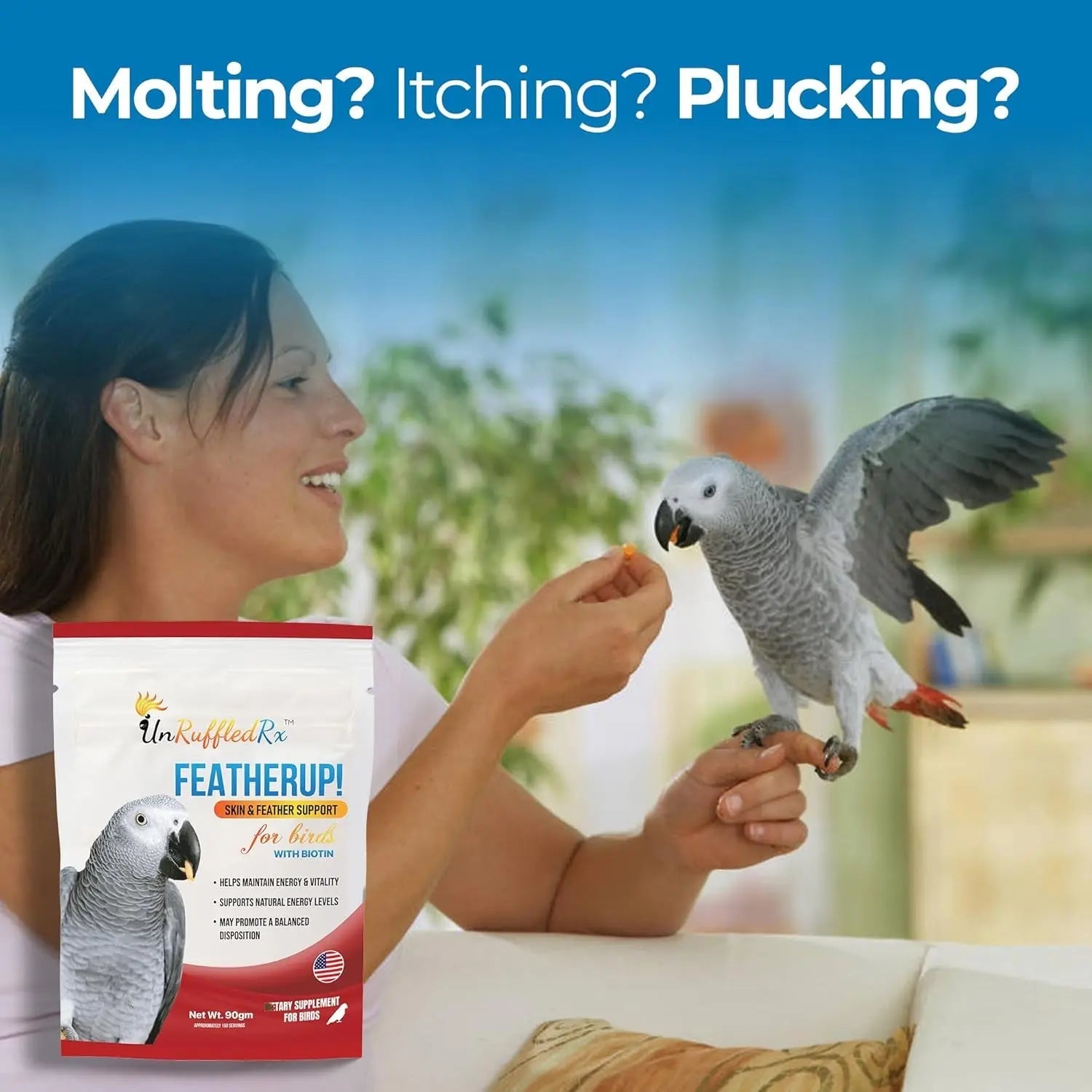 Bird vitamins supplement pouch beside a person holding a gray parrot
