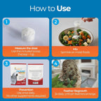 Bird vitamins supplement use steps chart with measure and mix instructions