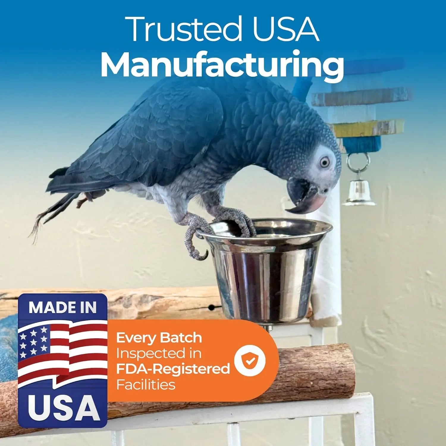Bird vitamins supplement with Trusted USA manufacturing badge over parrot at feeding station