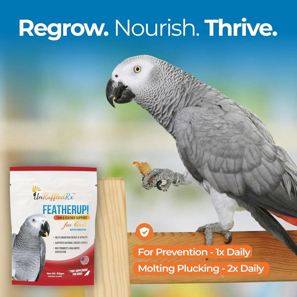 Bird vitamins supplement pouch with gray parrot and dosing icons for daily use