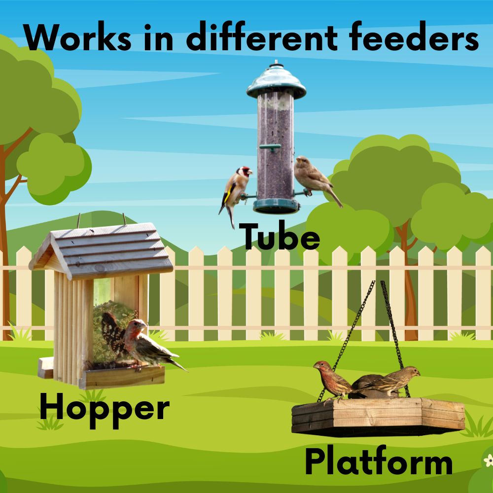 Set of bird feeders: tube, hopper, and platform with perches