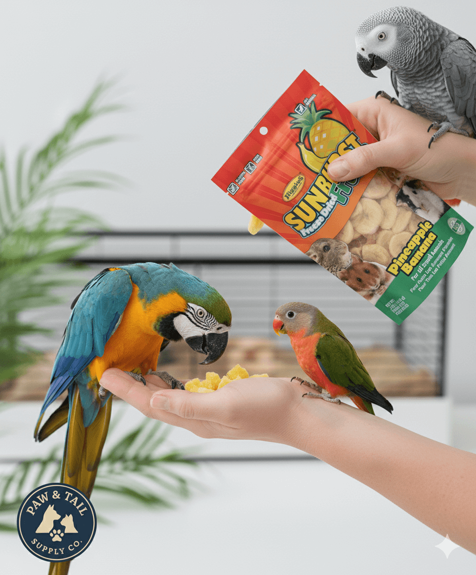 Hand holding red Sunburst pineapple-mango freeze-dried fruit pouch for birds