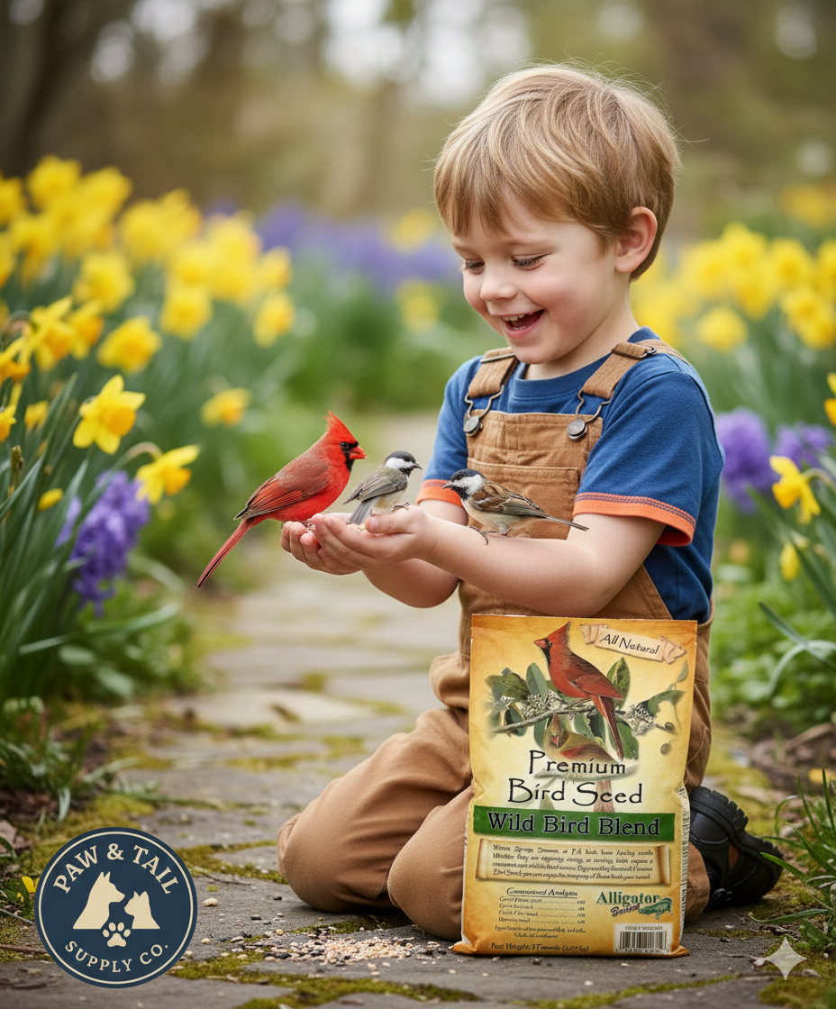 Premium wild bird seed blend bag held by a child, Alligator Brand, 5 lb