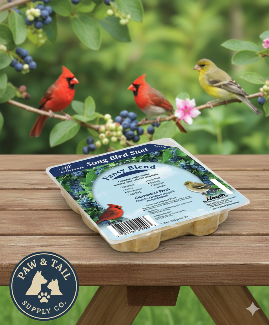 Blue suet cake tray labeled Fancy Blend for wild songbirds