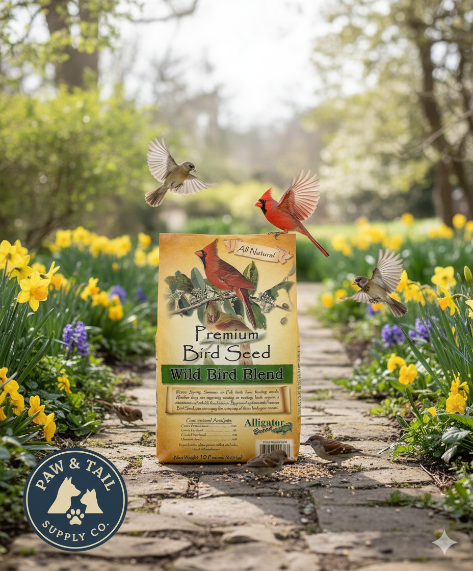 Premium wild bird seed blend bag, Alligator Brand, 5 lb, year-round mix